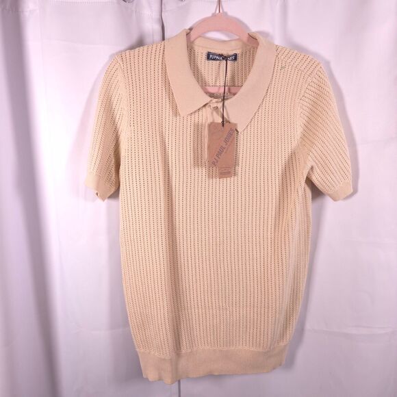 NWT PJ Paul Jones Mens Small Beige Viscose Open Knit Short Sleeve Polo Sweater - Picture 1 of 8